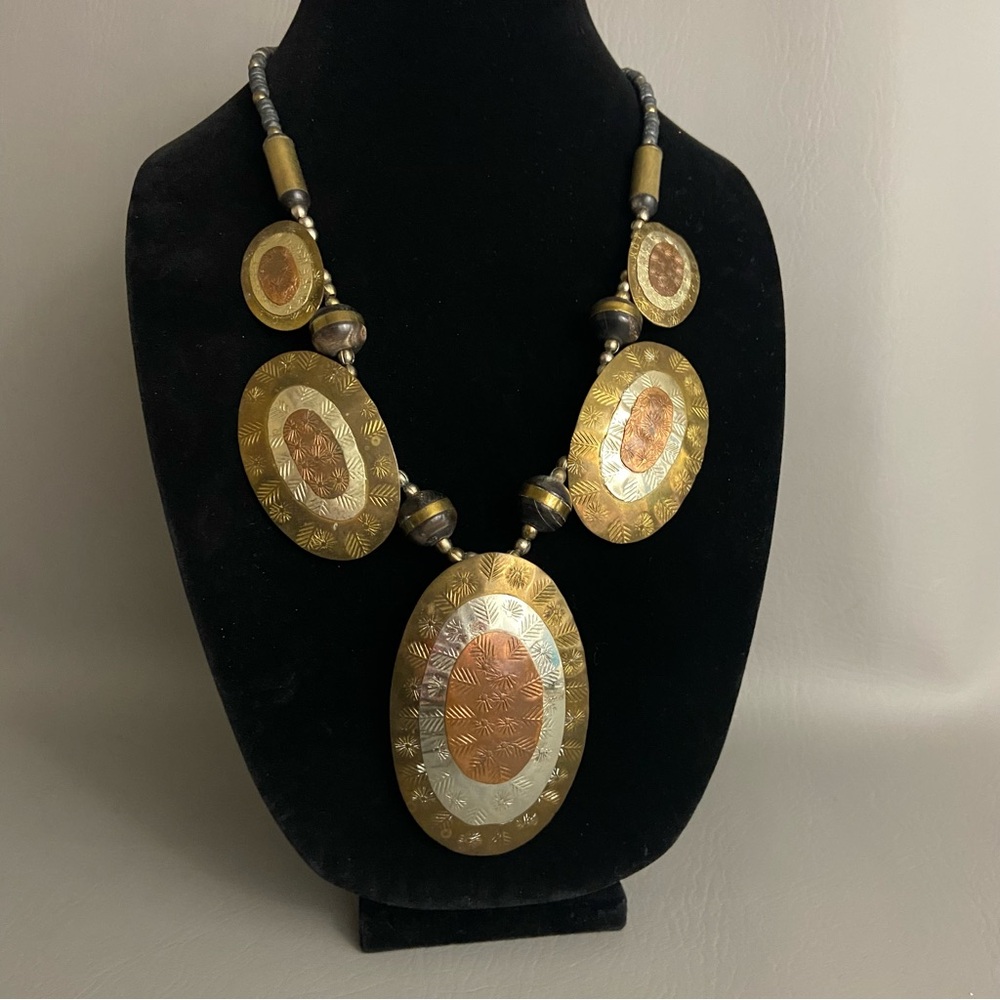 Vintage Tri-colored Metal Disc Statement Necklace- 24” length
